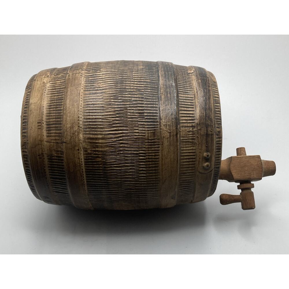 Vintage Stoneware Ceramic Whiskey Barrel Beer Keg With Wooden Spigot 6" x 7.5"